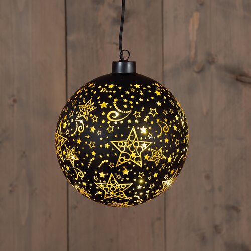 Anna's Collection BAL GLAS DRAAIEND LED OP BATTERIJ 15CM ZWART/GOUD STERREN