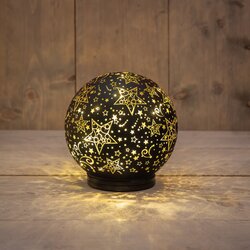 Anna's Collection BAL GLAS OP VOET DRAAIEND LED OP BATTERIJ 15CM ZWART/GOUD STERREN