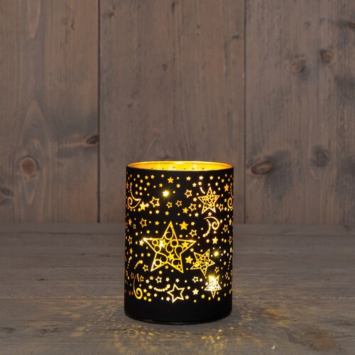 Anna's Collection CYLINDER GLAS MET STERREN 10LED WARM WIT OP 3AA BATTERIJ MET TIMER 9H12CM ZWART/GO