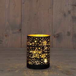 Anna's Collection CYLINDER GLAS MET STERREN 10LED WARM WIT OP 3AA BATTERIJ MET TIMER 9H12CM ZWART/GO