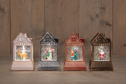 Anna's Collection HUIS MET GLITTERWATER OP BATTERIJ 14X8X4.5CM 4 ASSORTI IN DISPLAY WARM WIT