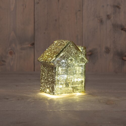 Anna's Collection HUISJE GLAS 10LED 3XAAA BATTERIJ MET TIMER 12.5X7.5XH14CM METALLIC GOUD
