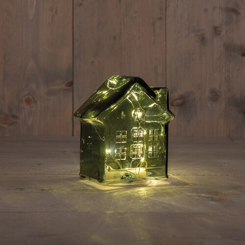 Anna's Collection HUISJE GLAS 10LED 3XAAA BATTERIJ MET TIMER 12.5X7.5XH14CM METALLIC GROEN