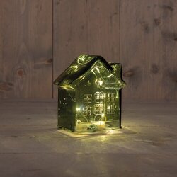Anna's Collection HUISJE GLAS 10LED 3XAAA BATTERIJ MET TIMER 12.5X7.5XH14CM METALLIC GROEN