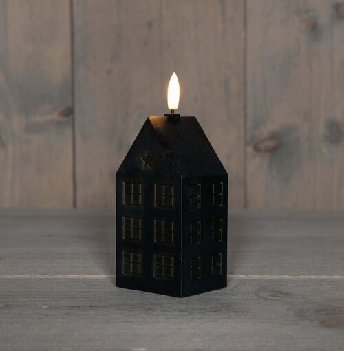 Anna's Collection Kaars Huisje Wax 3D Vlam Op 2Xaa Batterij Met Timer 5X6X15Cm Zwart