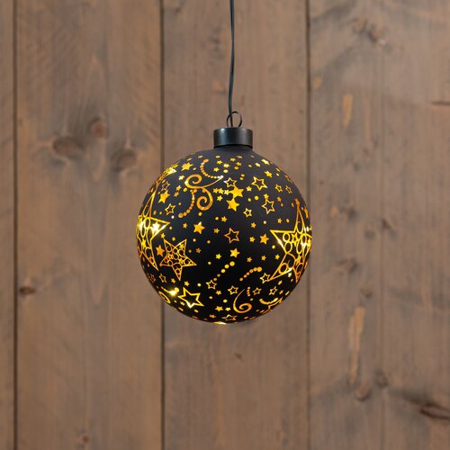 Anna's Collection KERSTHANGER BAL GLAS MET STERREN 10LED WARM WIT OP 2AAA BATTERIJ MET TIMER D12CM Z