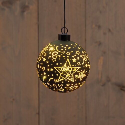 Anna's Collection KERSTHANGER BAL GLAS MET STERREN 8LED WARM WIT OP 2AAA BATTERIJ MET TIMER D10CM ZW