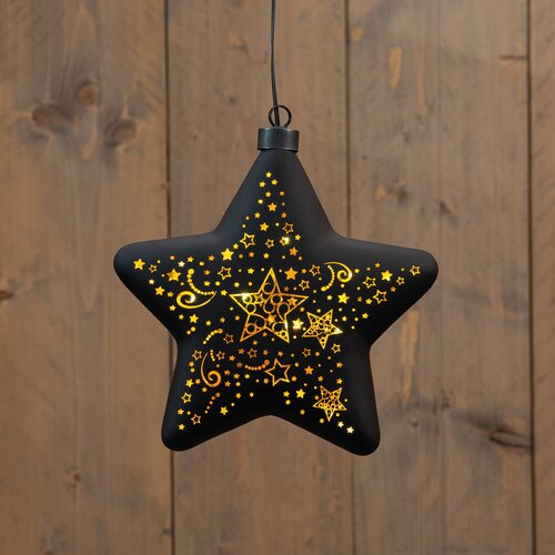 Anna's Collection KERSTHANGER STER GLAS MET STERREN 10LED WARM WIT OP 2AAA BATTERIJ MET TIMER 19 CM 