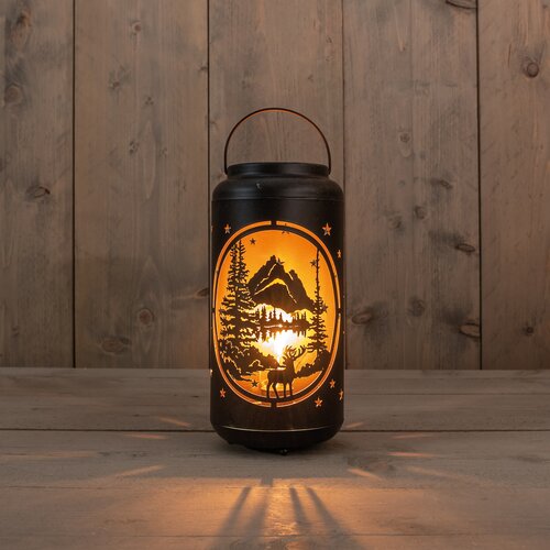 Anna's Collection LANTAARN MET HERT, KERSTBOOM EN STER OP BATTERIJ MET TIMER IP20 D12H25.5CM ZWART/G
