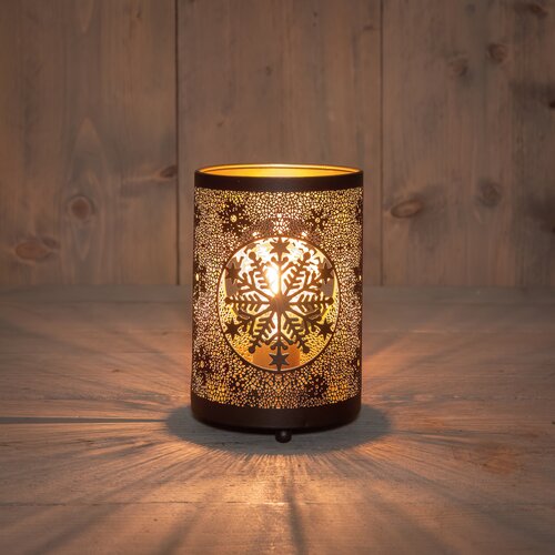 Anna's Collection LANTAARN MET SNEEUWVLOKKEN OP BATTERIJ MET TIMER IP20 D10,5X16CM ZWART/GOUD