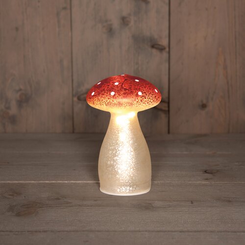 Anna's Collection PADDENSTOEL GLAS LED OP BATTERIJ MET TIMER H15CM ROOD MET WITTE STIPPEN - afbeelding 1