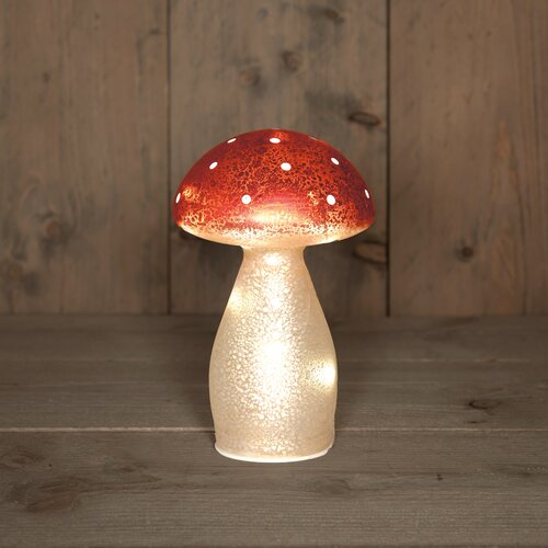Anna's Collection PADDENSTOEL GLAS LED OP BATTERIJ MET TIMER H18CM ROOD MET WITTE STIPPEN