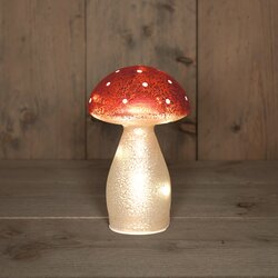 Anna's Collection PADDENSTOEL GLAS LED OP BATTERIJ MET TIMER H18CM ROOD MET WITTE STIPPEN