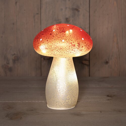 Anna's Collection PADDENSTOEL GLAS LED OP BATTERIJ MET TIMER H21CM ROOD MET WITTE STIPPEN