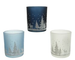 Decoris Theelichthouder glas matt glitter scenery 3col ass