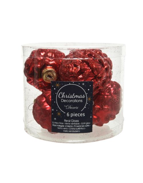 Decoris Dennenappel glas shiny,matt glitter mix kerstrood dia5cm x H.7cm