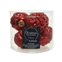 Decoris Dennenappel glas shiny,matt glitter mix kerstrood dia5cm x H.7cm