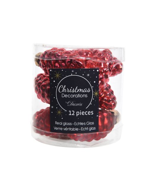 Decoris Dennenappel glas shiny,matt mix kerstrood dia2.5cm x H.6cm