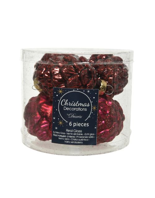 Decoris Dennenappel glas shiny,matt glitter mix ossenbloed dia5cm x H.7cm