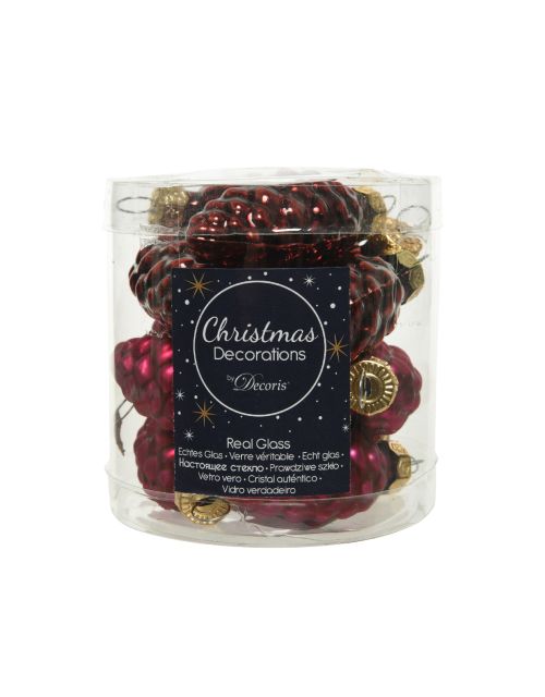 Decoris Dennenappel glas shiny,matt mix ossenbloed dia2.5cm x H.6cm