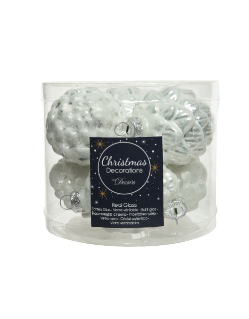 Decoris Dennenappel glas enamel, matt glitter mix winterwit dia5cm x H.7cm