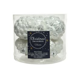 Decoris Dennenappel glas enamel, matt glitter mix winterwit dia5cm x H.7cm