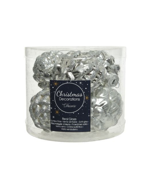 Decoris Dennenappel glas shiny,matt glitter mix zilver dia5cm x H.7cm