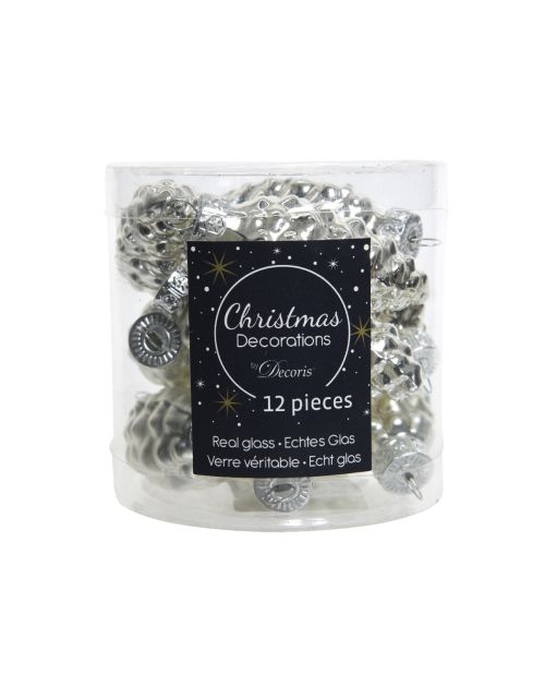 Decoris Dennenappel glas shiny,matt mix zilver dia2.5cm x H.6cm