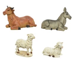 Decoris Dier polyresin ox, donkey, sheep laying, sheep standing painting