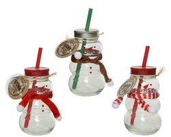 Decoris Drankpot glas snowman fabric scarf, painted face 3ass