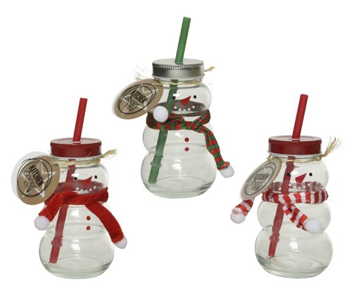 Decoris Drankpot glas snowman fabric scarf, painted face 3ass