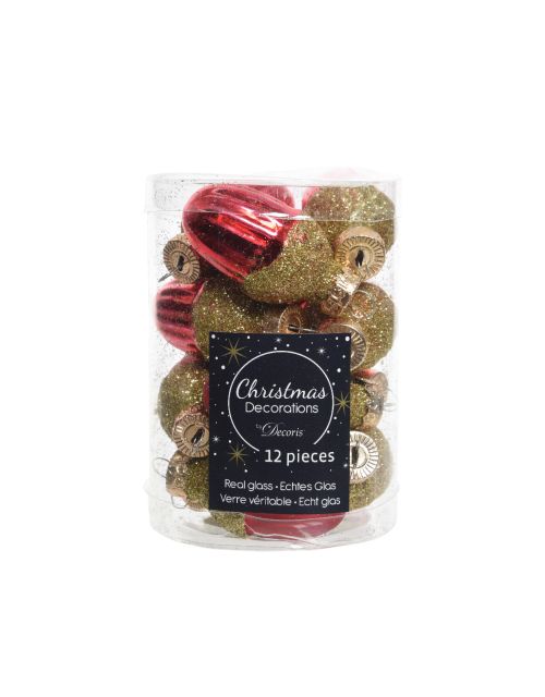 Decoris Eikel glas shiny,matt gold glitter mix kerstrood dia3cm x H.4cm