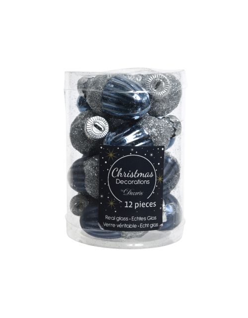 Decoris Eikel glas shiny,matt silver glitter mix nachtblauw dia3cm x H.4cm