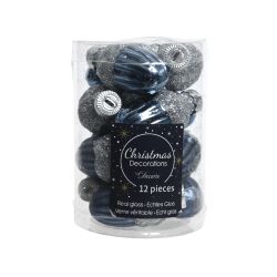 Decoris Eikel glas shiny,matt silver glitter mix nachtblauw dia3cm x H.4cm