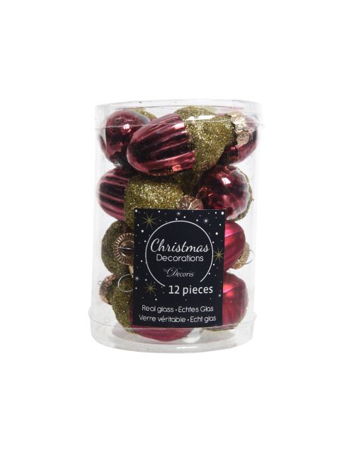 Decoris Eikel glas shiny,matt gold glitter mix ossenbloed dia3cm x H.4cm