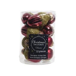 Decoris Eikel glas shiny,matt gold glitter mix ossenbloed dia3cm x H.4cm