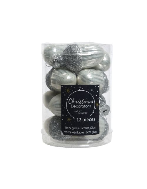 Decoris Eikel glas shiny,matt silver glitter mix winterwit dia3cm x H.4cm