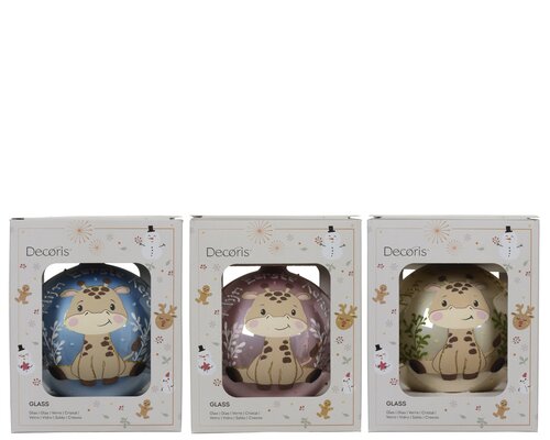 Decoris Kerstbal glas enamel giraffe nl 3col ass