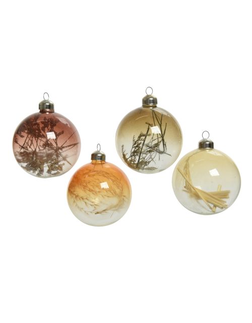 Decoris Kerstbal glas kleurverloop gedroogde bloemen wolwit oranje bruin groen 4ass