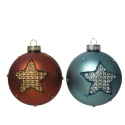 Decoris Kerstbal glas mat glitter diamant ster amber blauw 2ass