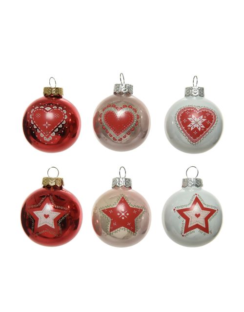 Decoris Kerstbal glas rood figuur hart/ster kerstrood winterwit poederroze 6ass