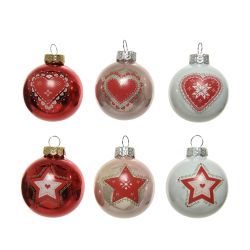 Decoris Kerstbal glas rood figuur hart/ster kerstrood winterwit poederroze 6ass