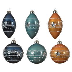 Decoris Kerstbal mat glas zilver glitter strepen met ster nachtblauw blauw amber 6ass