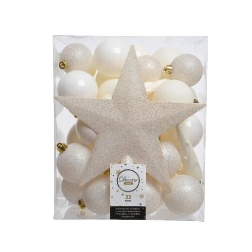 Decoris Kerstbal plc mix+piek 33st wolwit