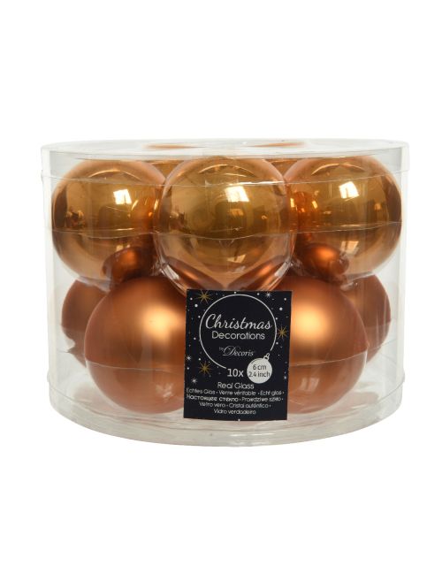 Decoris kerstballen glas mix glanzend mat D6cm amber