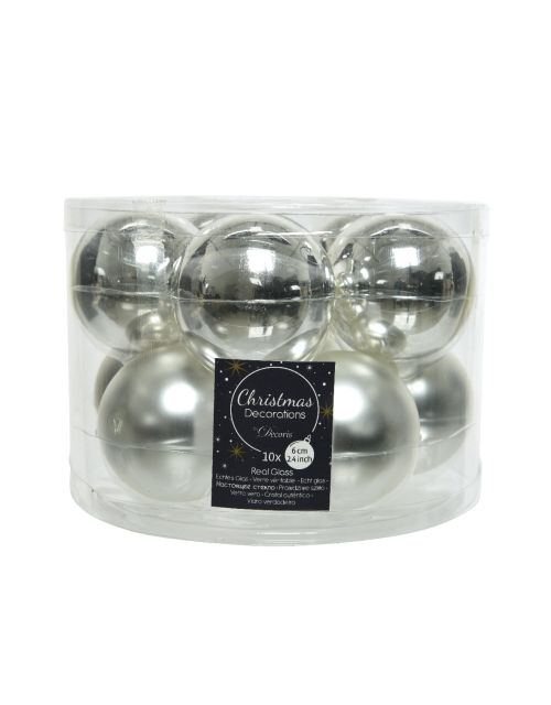 Decoris Kerstballen glas shiny,matt mix zilver dia6cm
