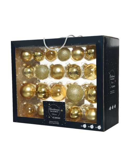 Decoris kerstballen glas mix glanzend mat glitter transparant D7cm licht goud