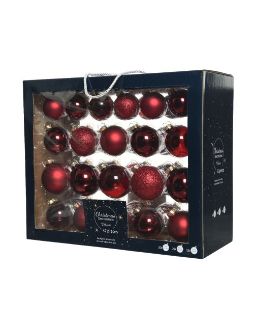 Decoris Kerstballen glas shiny,matt,glitter,transparent mix ossenbloed dia7cm