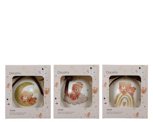 Decoris Kerstballen glas with bear decal and star 3ass