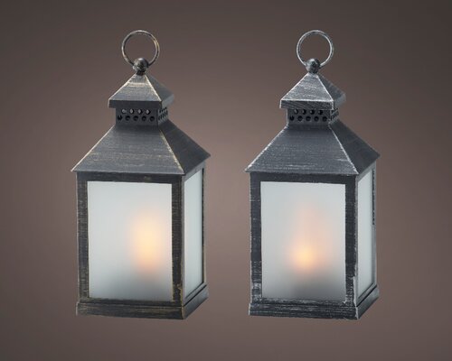 Lumineo LED lantaarn plastic square fire flame effect BO binnen 2col ass